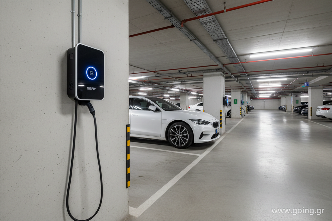 Φορτιστής BENY Wallbox σε υπόγειο πάρκινγκ πολυκατοικίας - νόμιμη εγκατάσταση EV charger