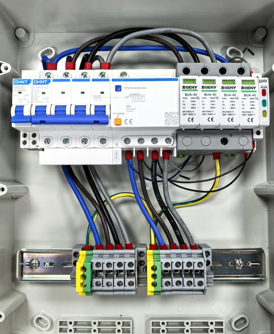 Electrical panel pre-wired for charging stations. Three-phase.